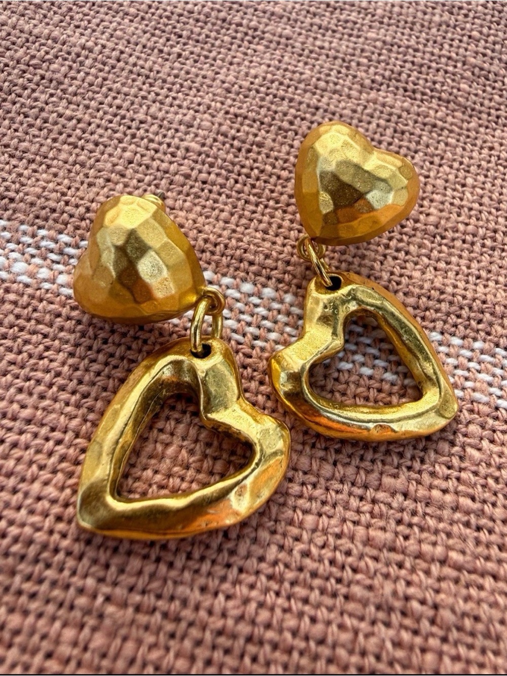12k Antiqued Gold Hammered Double Heart Dangle Drop Earrings